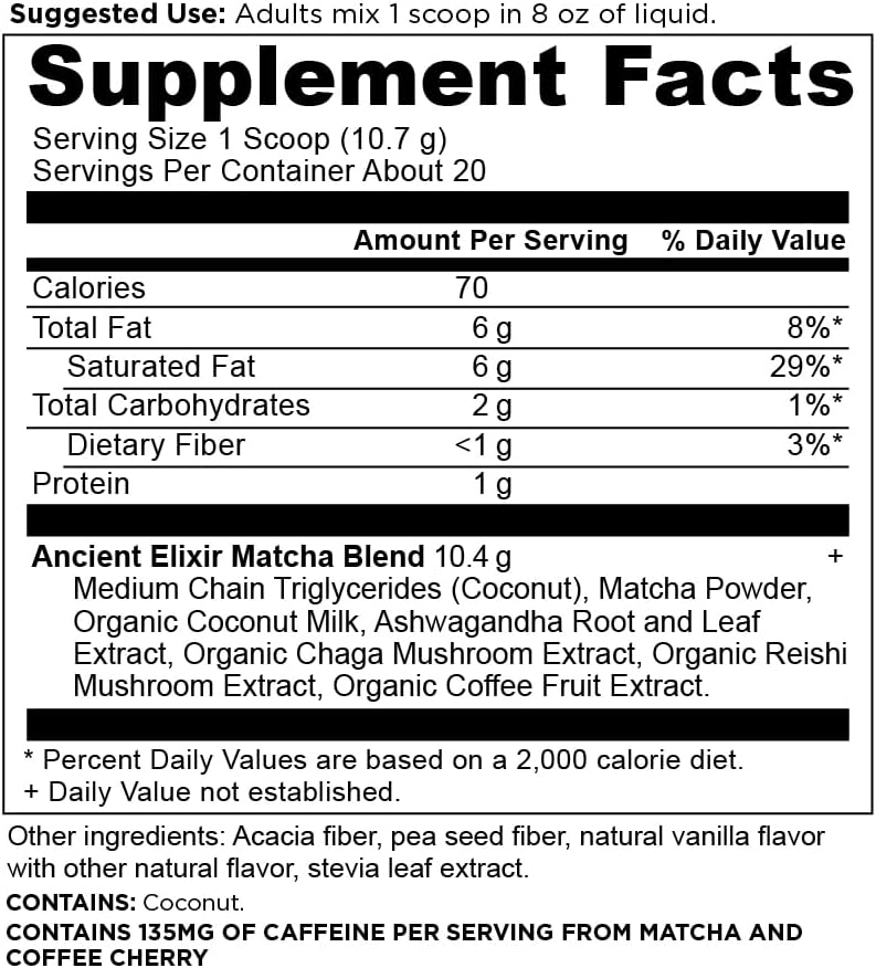 Matcha Green Tea Powder with Ashwagandha by Ancient Nutrition, Ancient Elixirs Superfood Matcha Energy Powder, with MCTs, Promotes Healthy Energy Levels, Paleo and Keto Friendly, 20 Servings