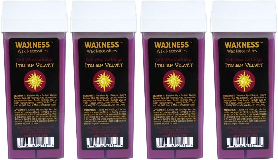 Waxness Italian Velvet Soft Wax Cartridge – Pack of 4 × 3.38 oz (100 g) – Premium Synthetic Strip Wax Roll-On for Face & Body, Professional Use – Made in Italy