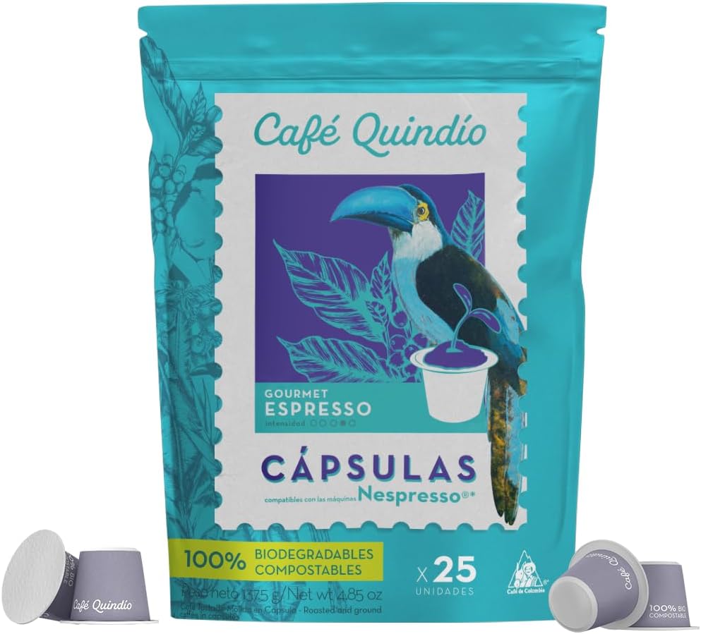 Cafe Quindio Compostable Coffee Pods, compatible with Nespresso Original machines - Gourmet Espresso Coffee - 25 Pods/Bag
