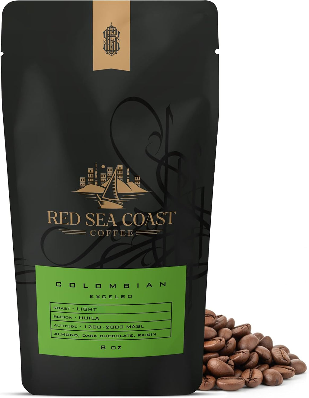 Red Sea Coast Colombian Excelso Coffee Beans - Single Origin Arabica from Huila Colombia - Premium Coffee with Almond, Dark Chocolate & Raisin Flavors - Smooth Balanced Brew - Dark Roast - 8 oz