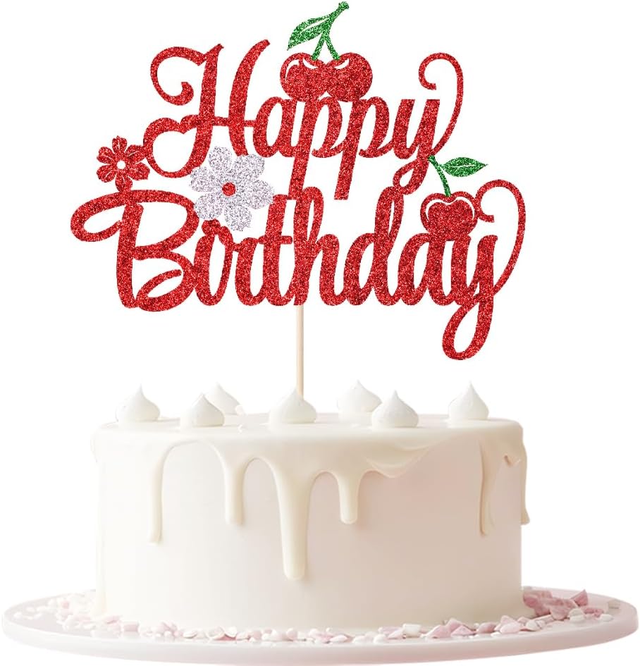 Glitter Cherry Happy Birthday Cake Topper | Fruit Theme Sweet Cherry Cake Picks for Cherry Theme Baby Shower Kids Birthday Party Cake Decorations Supplies