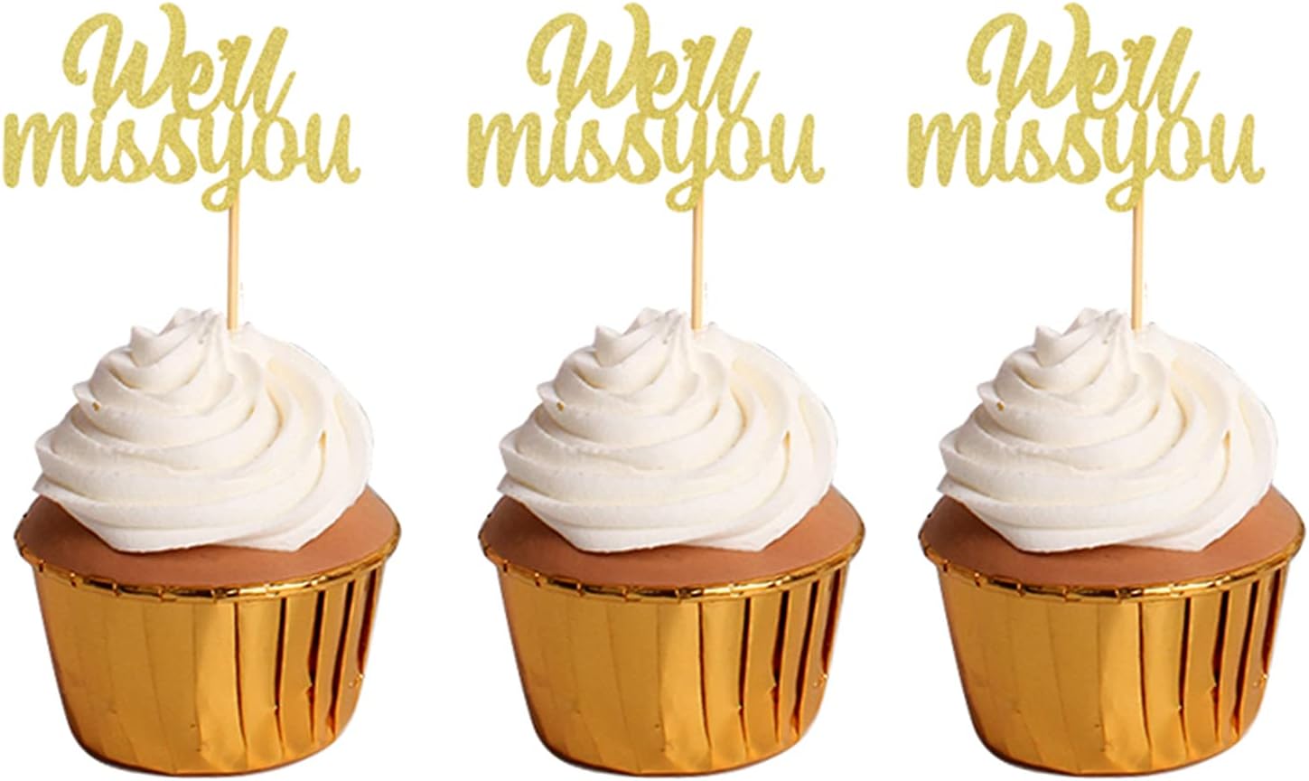 36Pcs Glitter Golden We'll Miss You Cupcake Toppers for Retirement, Graduation, Going Away, Office Work, Farewell Party Decorations Supplies Nostalgia Day Anniversary Cupcake Decorations