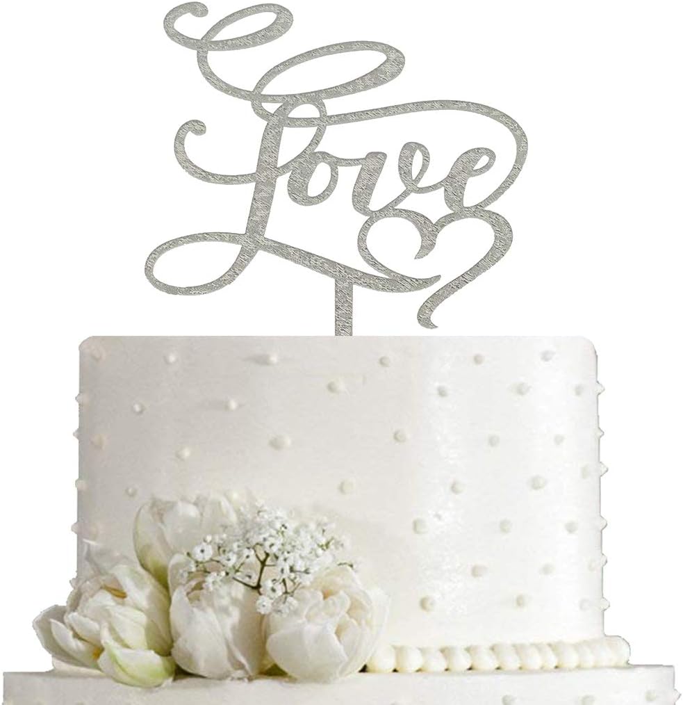 Love Cake Topper - Wedding/Engagement/Bridal Shower/Anniversary/Birthday/Bachelorette/Confession Party Decorations Supplies, Silver Glitter Acrylic