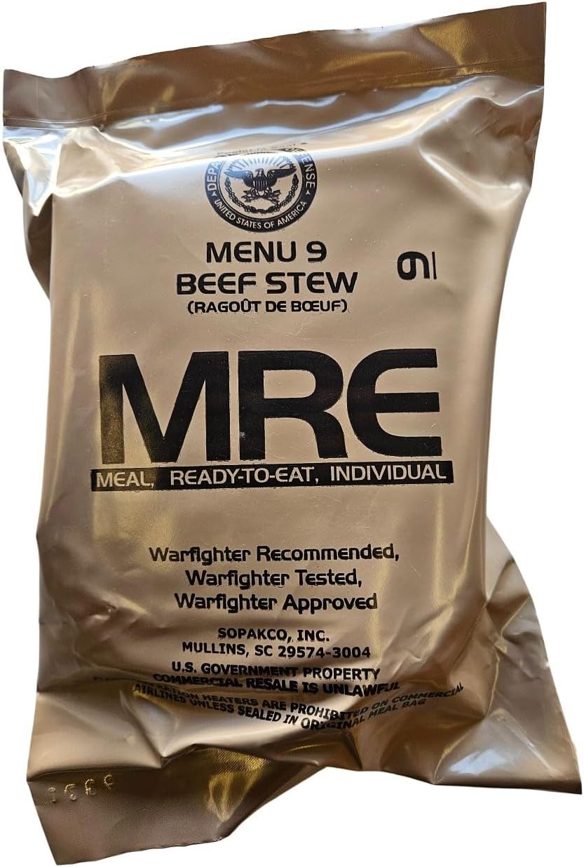 Genuine USGI Individual MRE [Meal, Ready to Eat] Inspection Date 01/2024 or Newer - You Choose Menu - Complete Ration with Entree, Snacks, Dessert, Drink Mix, Utensils, Condiments and FRH. (#9 Beef Stew)