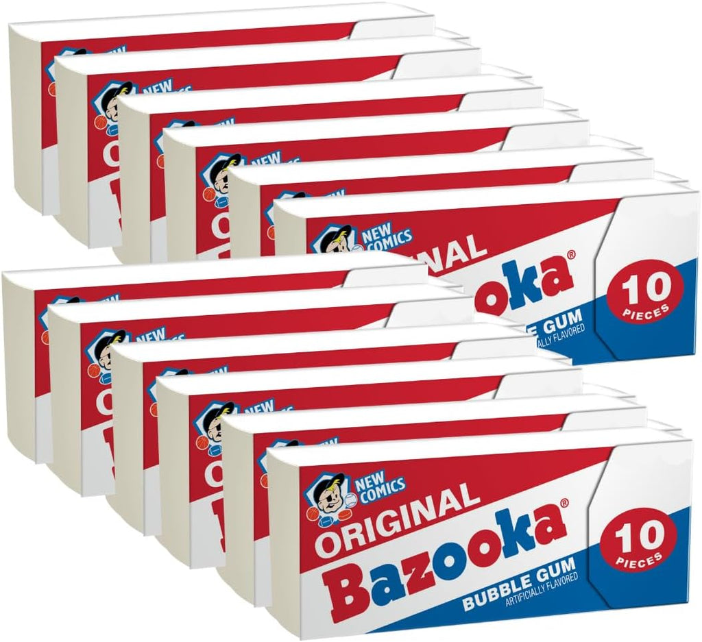 Bazooka Bubble Gum Individually Wrapped Pink Chewing Gum in Original Flavor - 10 Piece Wallet Packs (Pack of 12) - Fun Old Fashioned Candy for Kids