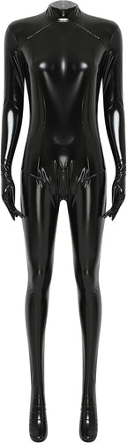 Vxuxlje Womens Sexy Latex Catsuit Wet Look PU Leather Gloved Sleeve Full Body Zipper Crotch Bodysuit