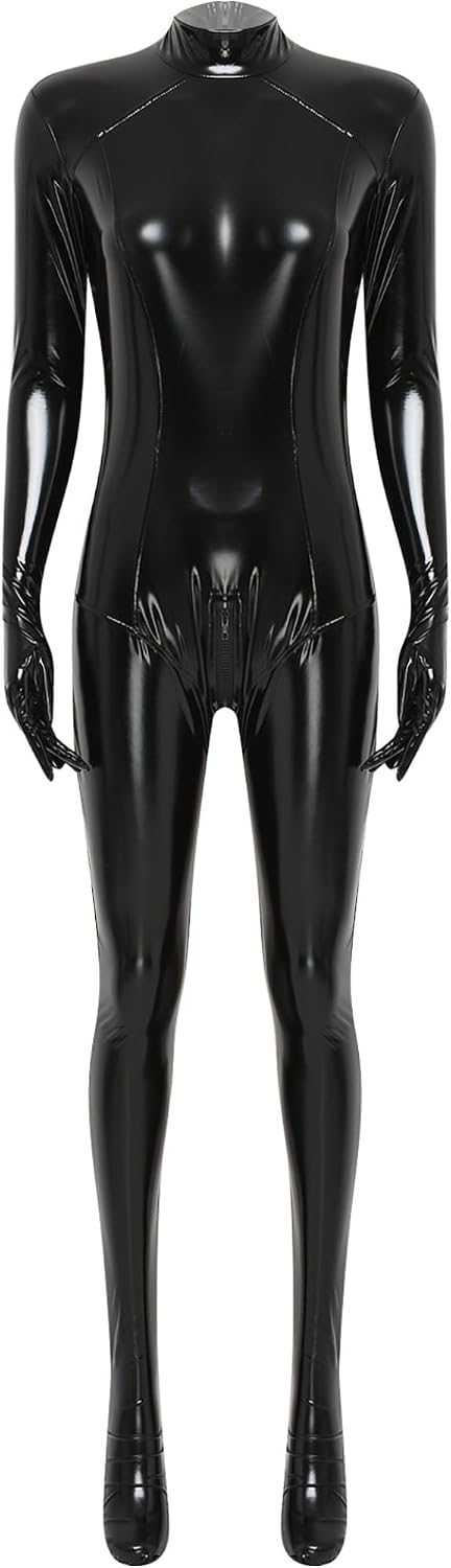 Vxuxlje Womens Sexy Latex Catsuit Wet Look PU Leather Gloved Sleeve Full Body Zipper Crotch Bodysuit