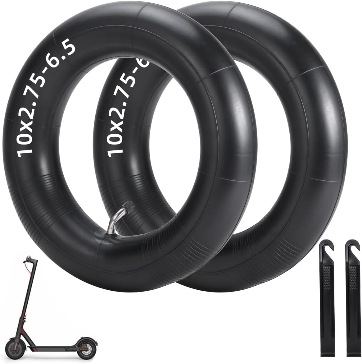 (2-Pack) 10x2.75-6.5 Thicker Inner Tubes with CR202 100°Angled Valve for Electric Scooters & Mini Bikes–Fits 70/65-65, 255x80, 10x3.0, 10x2.50, 10x2.70-6.5 Tires–Includes 2 Tire Levers