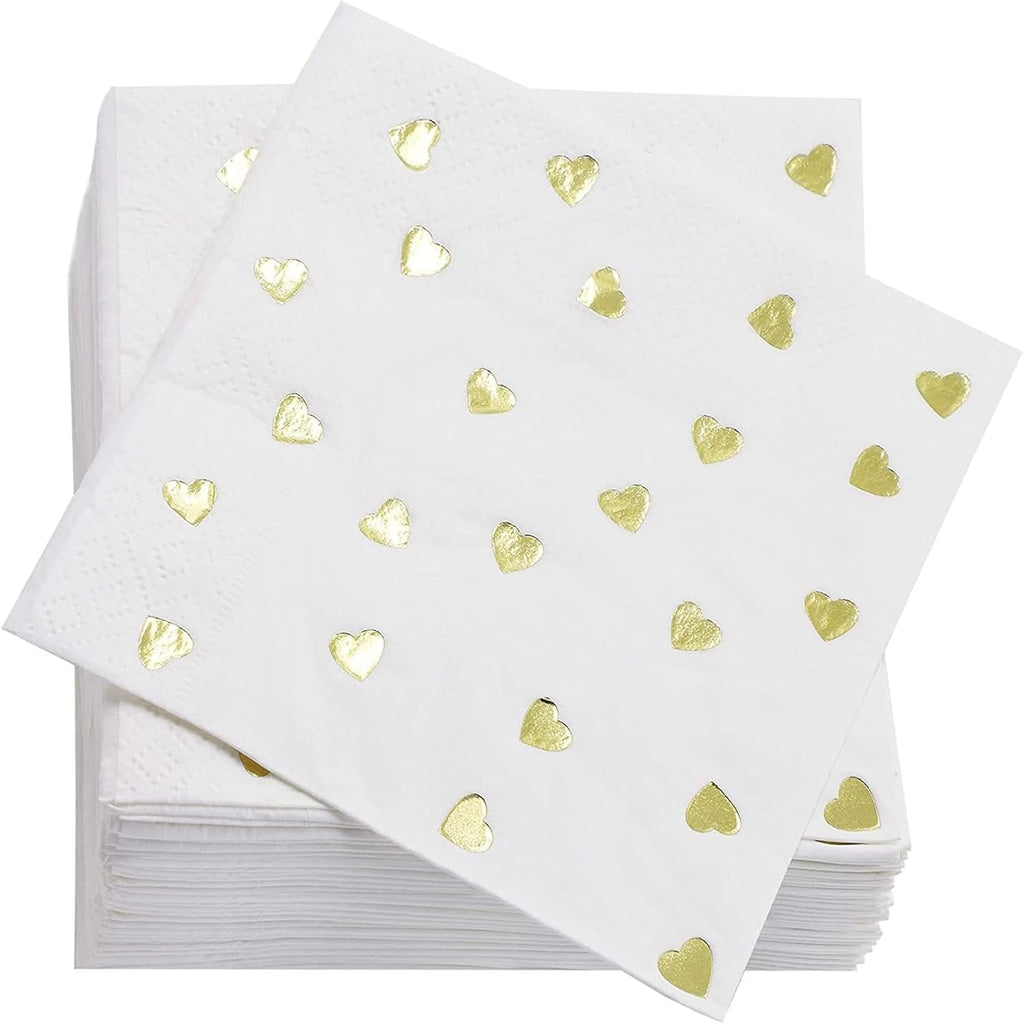 Juvale Engagement Napkins - 5 x 5 In Folded, 3-Ply, 50-Pack, Gold Foil Heart - Cocktail & Heart Engagement Party Napkins