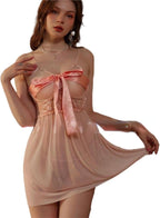 GRAYDREAM Sexy Lingerie Sexy Lace Backless Seductive Bow Nightgown, Suspender Skirt and T-pants Two-piece Set