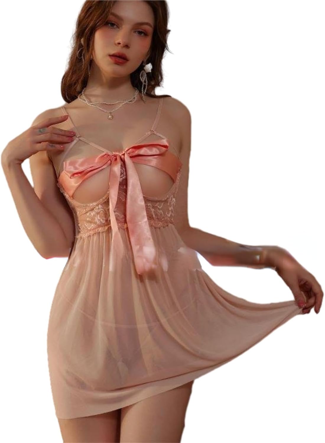 GRAYDREAM Sexy Lingerie Sexy Lace Backless Seductive Bow Nightgown, Suspender Skirt and T-pants Two-piece Set