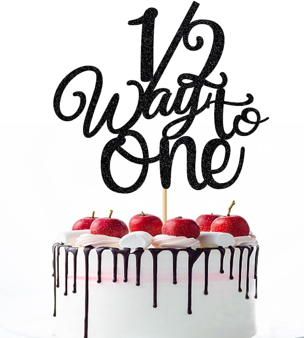 1/2 Way to One Cake Topper,Happy 6 Months Cake Decorations,Half Way to One Cake Topper,Baby Boys Girls 6 Months Birthday Party Decorations (Black Glitter)