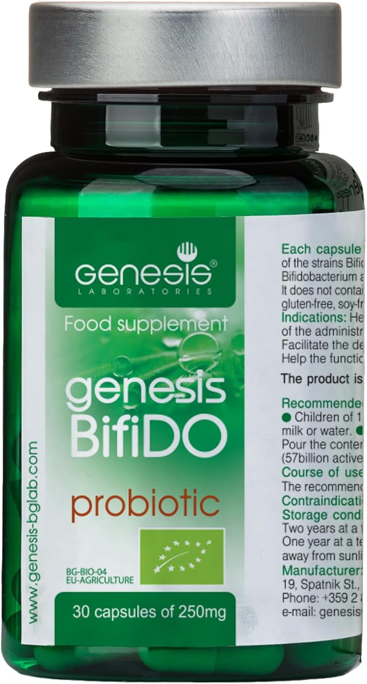 Genesis Bifido Bio Vegan Probiotic with Lactobacillus and Bifidobacterium Strains May Support Gut Helth, Digestion, Immune System 250 Mg per Capsule 30 caps