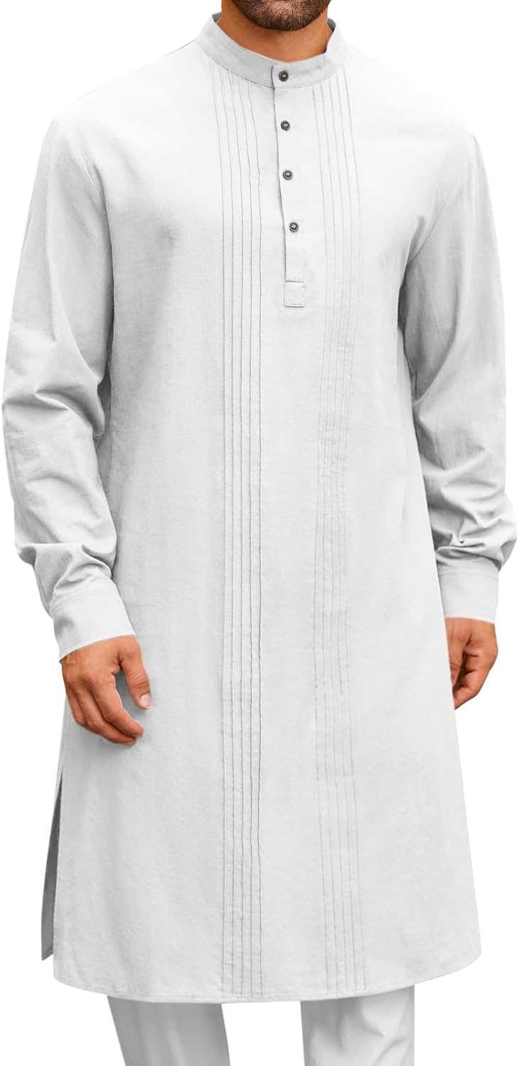 Runcati Mens Kaftan Robe Button Down Long Sleeve Cotton Linen Thobe Casual Muslim Gown Henley Shirt