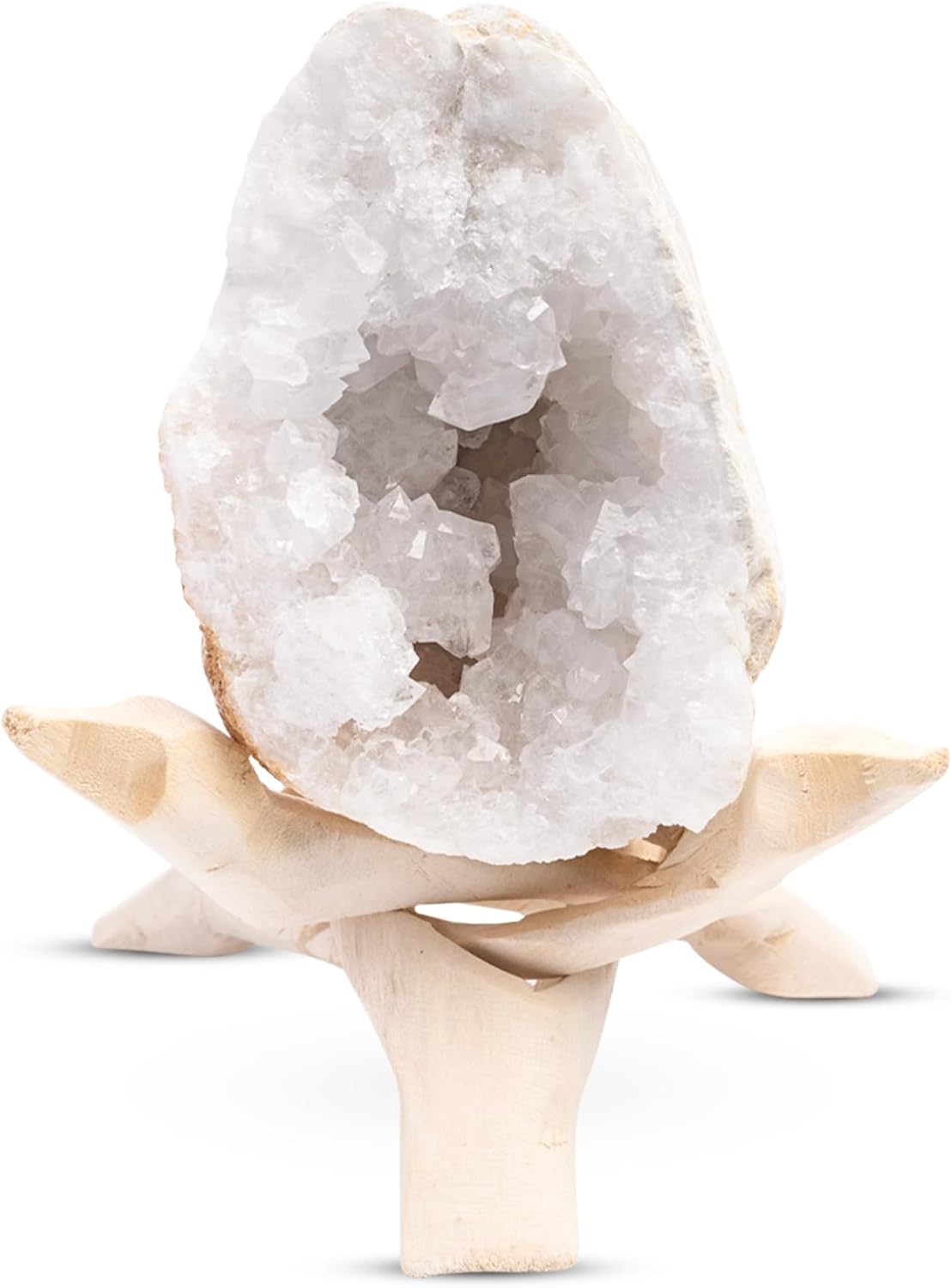 Geode Crystal with Wooden Stand – Moroccan Clear Quartz Crystal Cluster Geode for Meditation, Healing Crystals, Cleansing Energy, & Spiritual Gifts – Crystal Home Decor