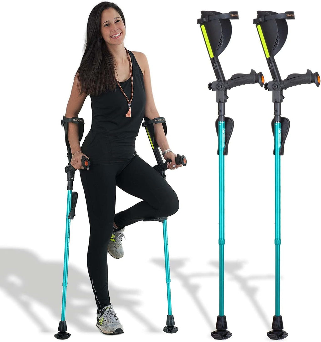 Ergobaum 7G by Ergoactives. 1 Pair (2 Units) of Ergonomic Forearm Crutches - Adult 5' - 6'6'' Adjustable, Foldable, Ergonomic, Shock Absorber, Non-Slip, Knee-Rest Platforms, LED Lights (Aqua Blue)
