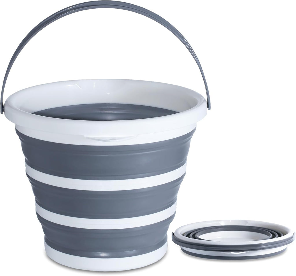 Collapsible Bucket 10L, Folding Water Container with Handle, Portable Lightweight Bucket for Camping, Fishing, Hiking, Travel, Gardening (Grey)