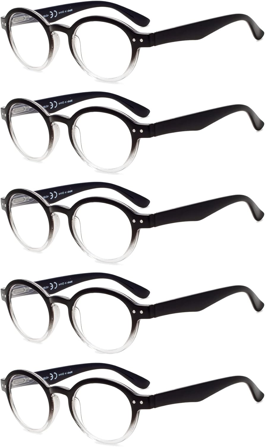 Eyekepper 5-pack Spring Hinges Round Retro Two Tone Readers Reading Glasses Black Clear +3.50