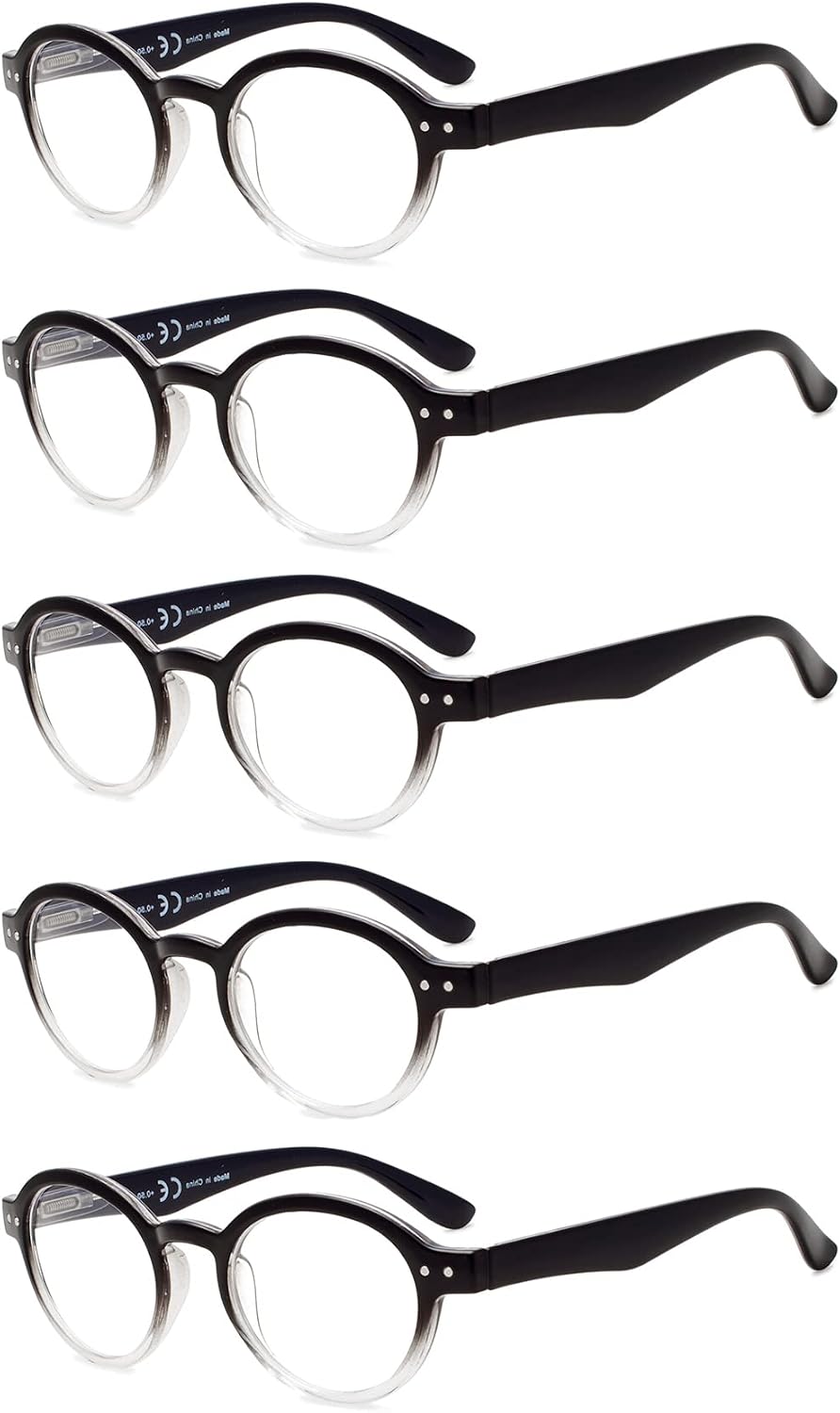 Eyekepper 5-pack Spring Hinges Round Retro Two Tone Readers Reading Glasses Black Clear +0.50