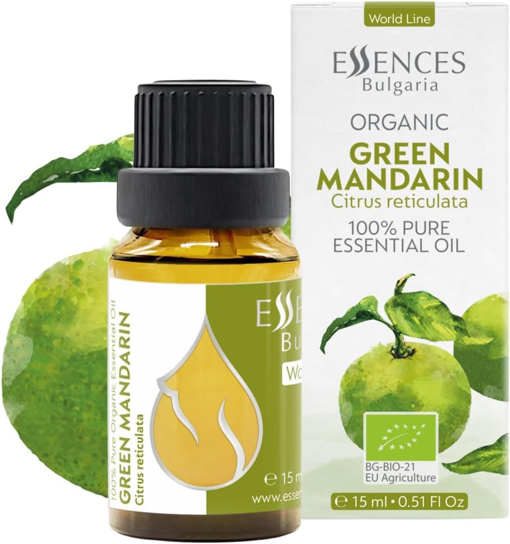 Essences Bulgaria Organic Green Mandarin Essential Oil 0.51 Fl Oz 15ml Citrus reticulata - 100% Pure and Natural Undiluted Therapeutic Grade Aromatherapy Diffuser Humidifier Candle Making Body Oil