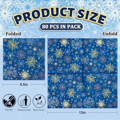 Whaline 80 Pack Winter Snowflake Paper Napkins Christmas Disposable Napkins Blue Gold Xmas Luncheon Dinner Napkins for Party Supplies Table Decor, 6.5 x 6.5 Inch