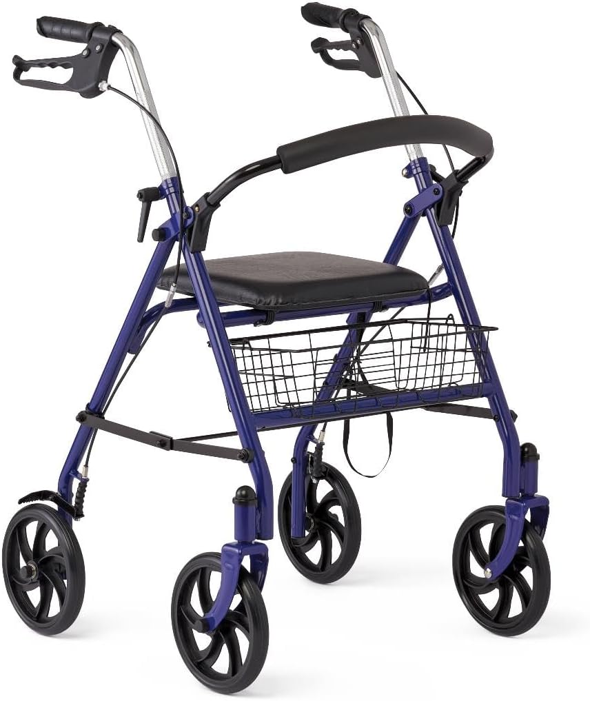 Medline Steel Rollator Walker with Seat, Blue, 300 lb. Weight Capacity, 8” Wheels, Foldable, Adjustable Handles, Rollator Walker for Seniors, Rolling Walker for Mobility Impairment
