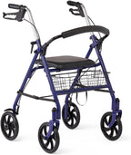 Medline Steel Rollator Walker with Seat, Blue, 300 lb. Weight Capacity, 8” Wheels, Foldable, Adjustable Handles, Rollator Walker for Seniors, Rolling Walker for Mobility Impairment