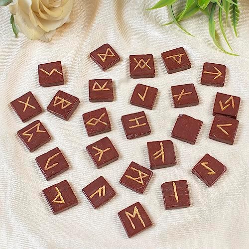 Red Jasper Runes Crystal Rune Stones Set 25Pcs Elder futhark Viking Gemstone Reiki Healing Golden Engraved Runic Alphabets Divination Meditation Spiritual Gifts for Women Witchcraft Supplies