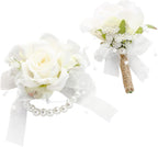 Floroom Ivory Rose Wrist Corsage Bracelet Wristlet Band and Men Boutonniere Set for White Wedding Flower Accessories Prom Suits