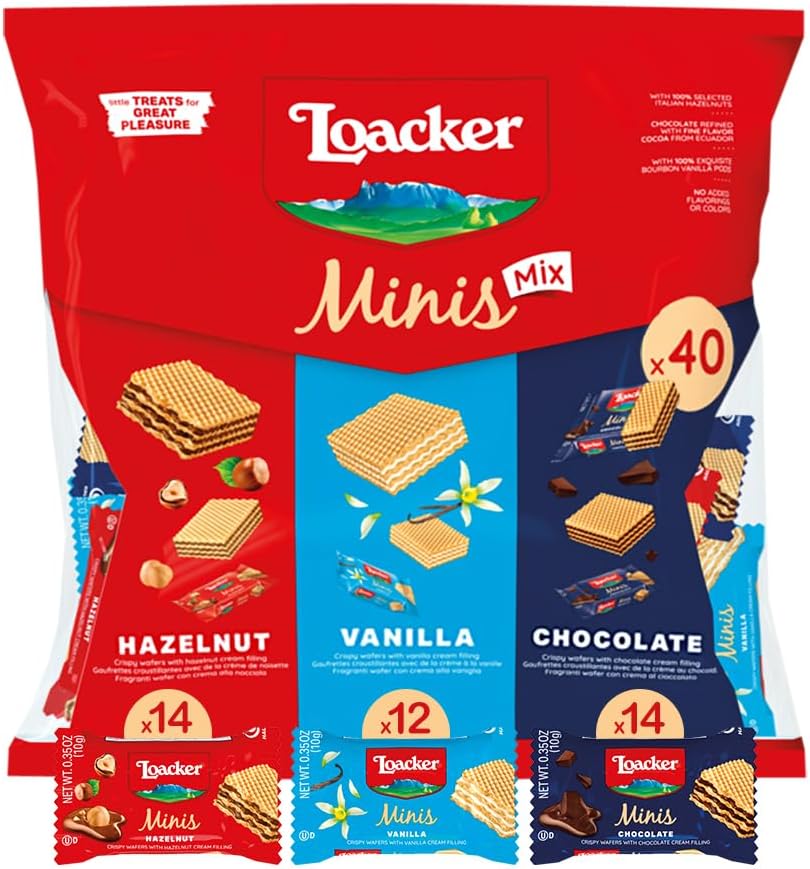 Loacker Minis Wafer Variety Pack - 30% Less Sugar - Premium Cream Filled Wafer Cookies - Mix of Hazelnut, Chocolate and Vanilla - NON-GMO - Sustainably Sourced - 40 Individually Wrapped Snack Packs