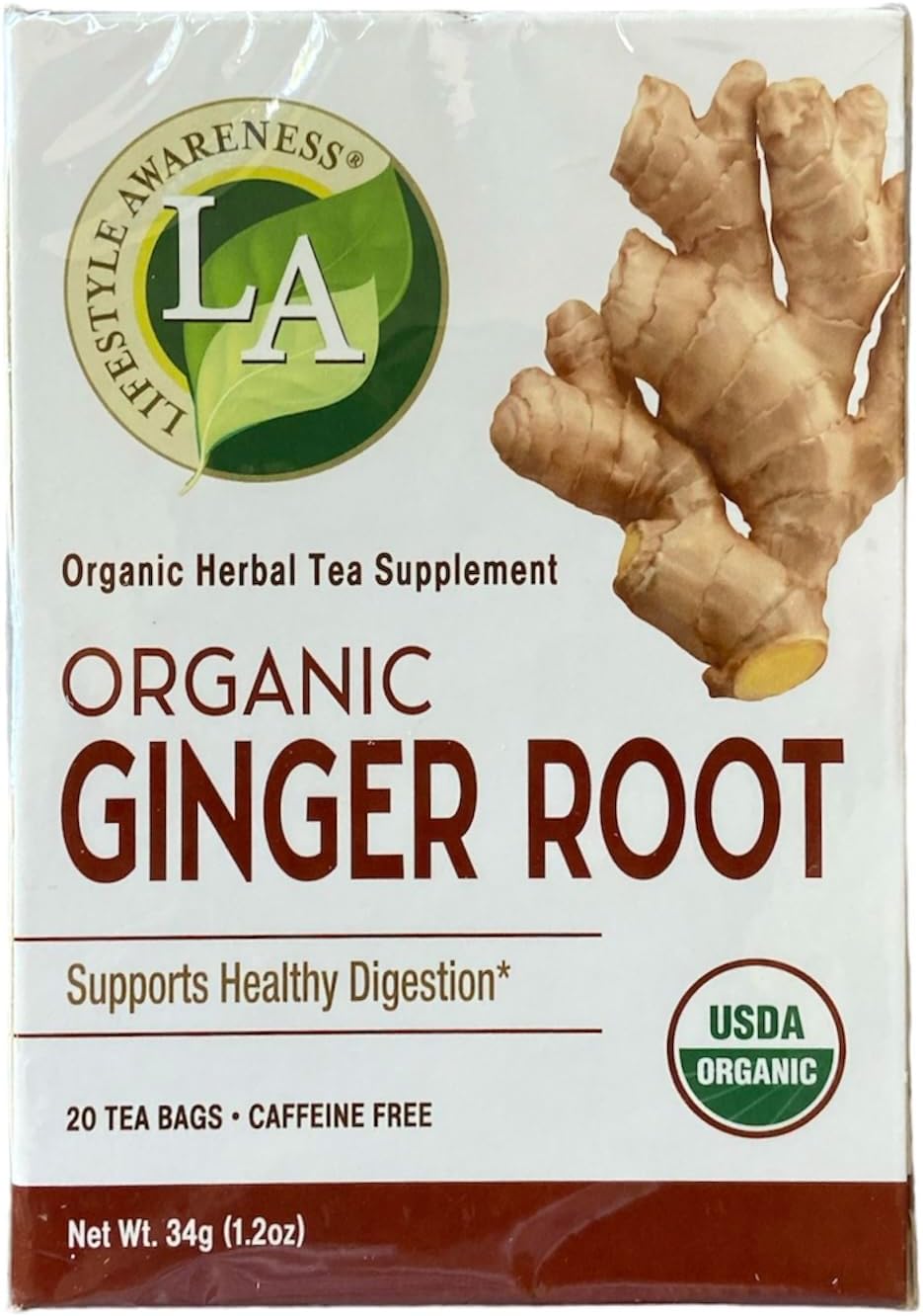 Lifestyle Awareness Teas, Caffeine Free Organic Ginger Root Tea, 20 Count (Pack of 1)