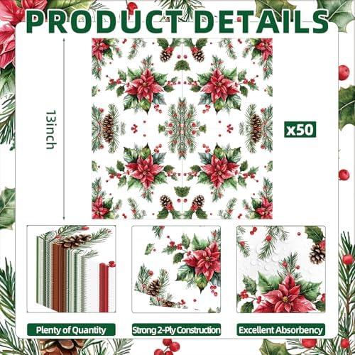 50 Pcs Christmas Poinsettia Paper Napkins, Disposable Holiday Cocktail Napkin with Red Flower, Holly, Pinecone, and Berry Design for Xmas Dinner, Winter Birthdays, Weddings, Seasonal Table Decorations