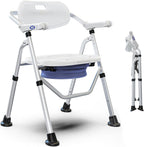 VOCIC Folding Shower Chair for Inside Shower, Lab-Tested 300lbs Heavy Duty Shower Seat for Elderly & Disabled, Flip-Up Arms, Cutout Seat, Height Adjustable Back & Legs, Portable Shower Commode Chair