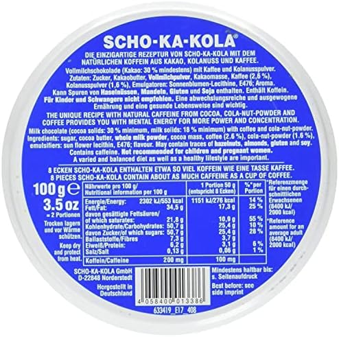 SCHO-KA-KOLA Milk Chocolate with natural Caffeine from Cocoa, Cola-Nut-Powder and Coffee 6 tins x 100 g/Germany