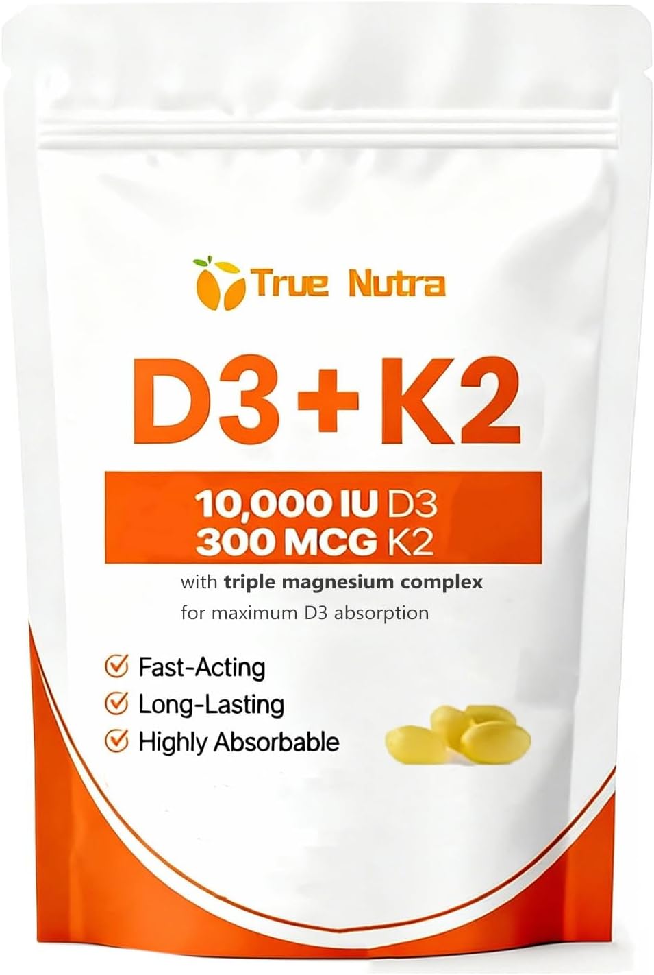 D3 K2，Vitamin D3 K2 10,000 IU Magnesium Supplement, Non-GMO, Gluten-Free,Supports Immune & Energy, 300 Coconut Oil Softgels