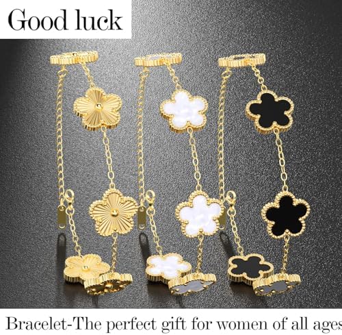 AICase 18K Gold Plated Clover Bracelet Dupes Gold/White/Black Bracelet Set for Women Flower Leaf Lucky Clover Bracelets Trendy Jewelry Birthday Gifts for Women/Mon/Friends