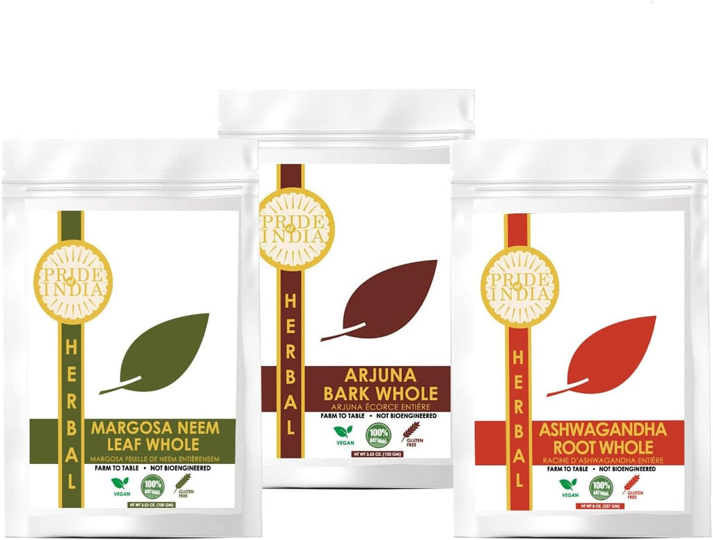 Pride Of India | Ayurvedic Healing Pack 15.06 oz (426.94 gm) | Includes Arjuna Bark Whole, Ashwagandha Root Whole & Neem/Margosa Herb Whole | Perfect for Green Juices, Smoothies | Fosters Wellness