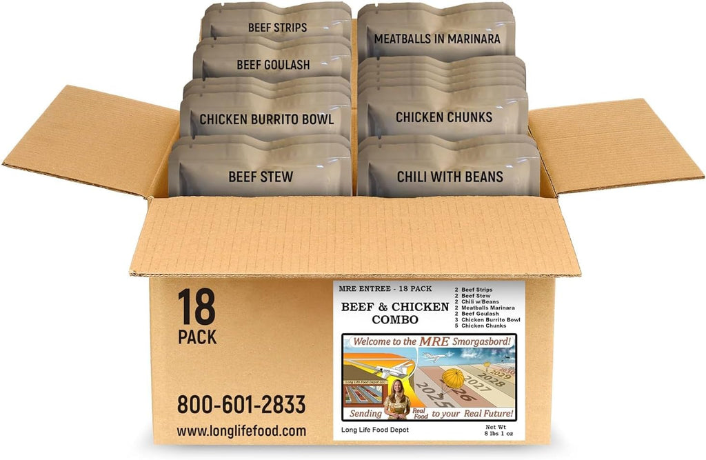 MRE Entrees Variety Pack (18-Pack) – Beef and Chicken Combo – Long Shelf Life – 2024+ Production Dates by Long Life Food Depot – Meals Ready to Eat