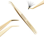 NAGARAKU Professional Eyelash Extension Tweezers, Precision Tip Stainless Steel Gold Lash Tool Curved Angled for Individual & Volume for Salon & Personal Use, Super Light Weight Easy Fanning (N-06)