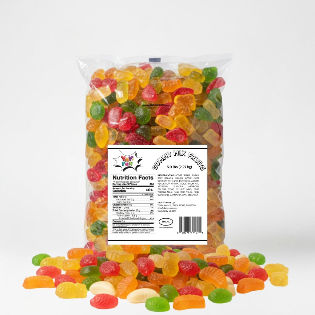 Halal Gummy Candy Fruit Mix | 5 Pound Variety Pack | Fruit Shaped Gummies | Assorted Fruit Flavors for Party Favors, Goody Bags, and Kids' Events