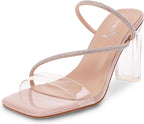 vivianly Womens Square Toe Clear Rhinestone Strappy Heeled Sandals Transparent Block High Heels Slides Slipper Wedding Dress