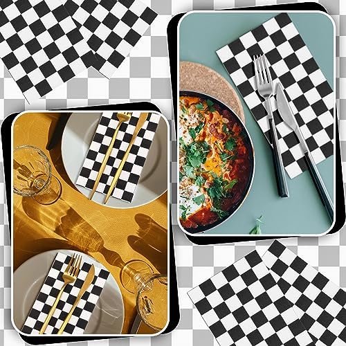 Lincia 100 Pcs Disposable Paper Napkins Checkered Black and White Napkins Disposable Gingham Race Car Birthday Party Supplies for Dinner Picnic Barbecue Racing Themed Party Favors, 3 Ply