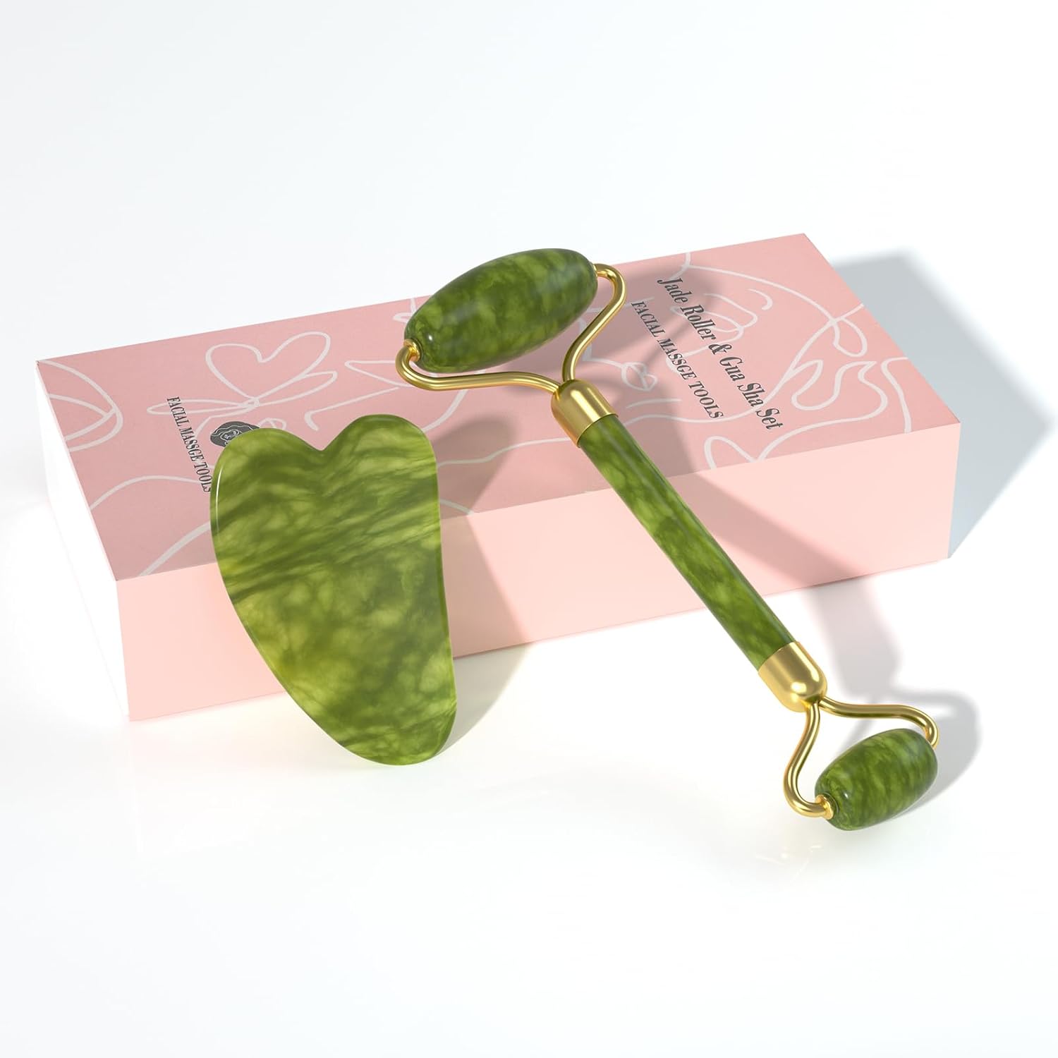 Jade Roller Gua Sha Set (Green) - Facial Massage Tool with Dual-Sided Roller