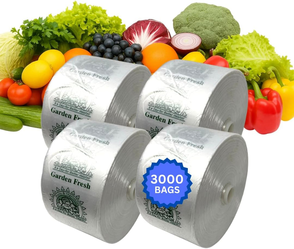 ASSUREPAK Clear Produce Bags Roll - 3000 bags - 15"x20" – (4 Rolls, 8 Microns) – for Grocery, Small Business, Reusable Produce Use, Food & Storage Needs, Garden Fresh, Narrow Profile, Kitchen Use