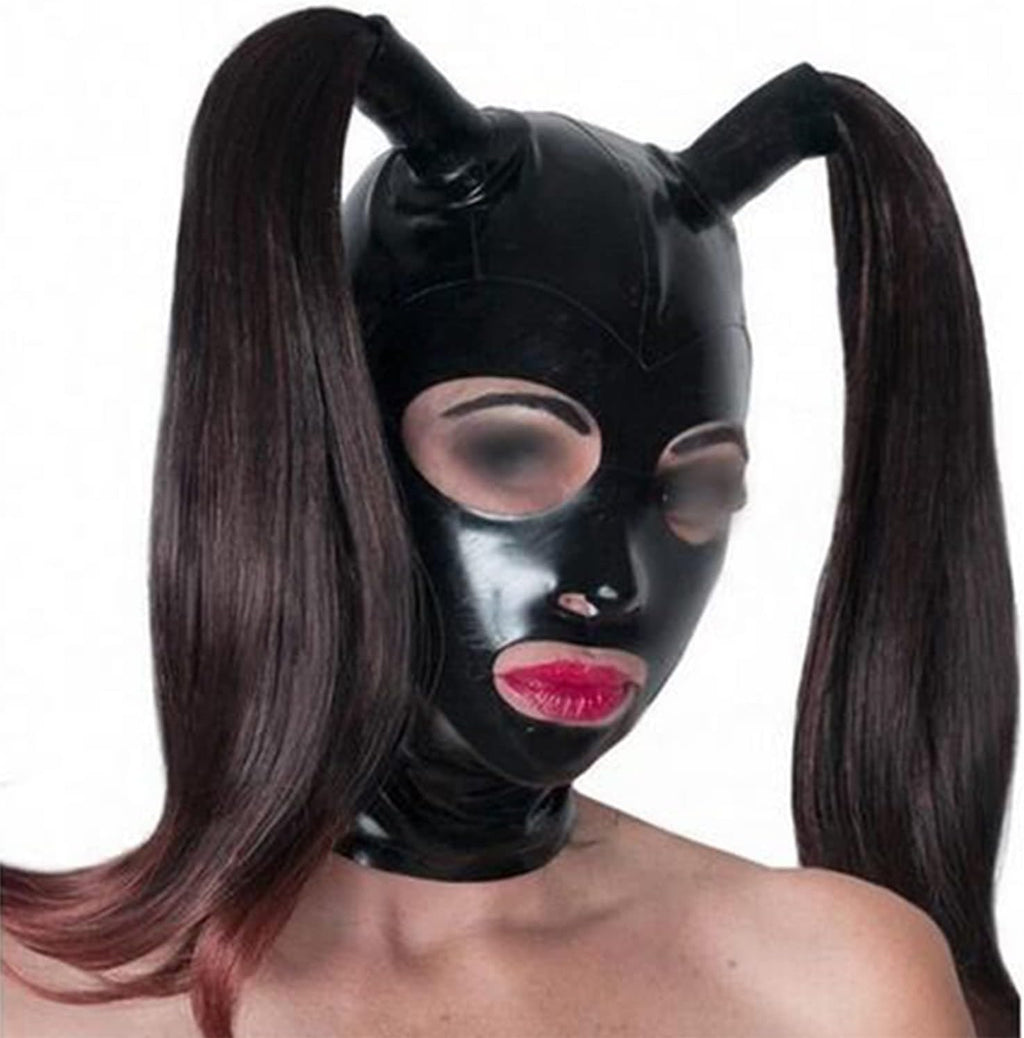 Black Latex Hood with Double Black Ponytail Wig Back Zipper Rubber Mask Cosplay Party Wear Costume