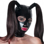 Black Latex Hood with Double Black Ponytail Wig Back Zipper Rubber Mask Cosplay Party Wear Costume