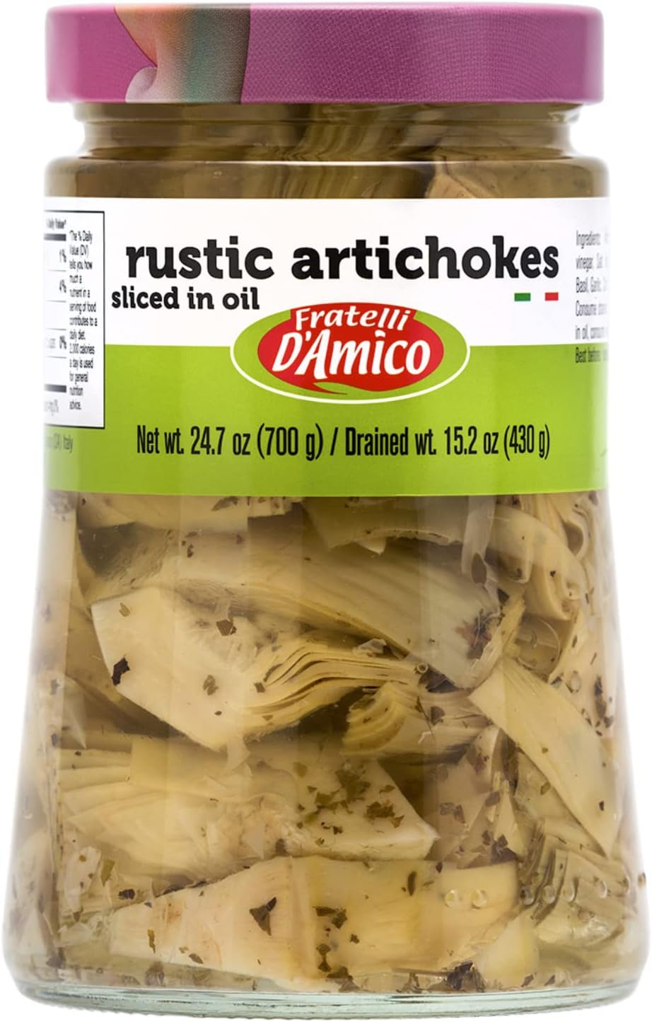 FRATELLI D'AMICO - Rustic Sliced Artichokes in Oil, Premium Quality, Chef Selected, Large Jar : 24.7oz (700 g), Antipasto, Non GMO Italian Premium Brand, Product of Italy