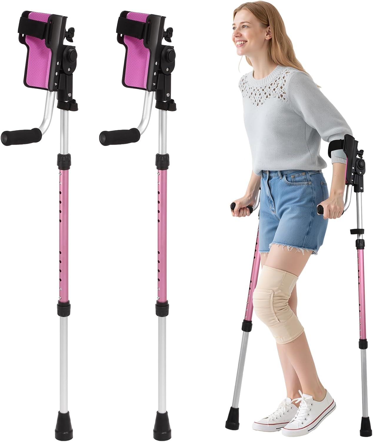 Crutches for Adults 3-Angle Adjustable Forearm Crutches Non-Slip Handles with EVA Elbow Support, Ergonomic Forearm Crutches for Leg Injury, Surgery Recovery, Disabled (1 Pair)