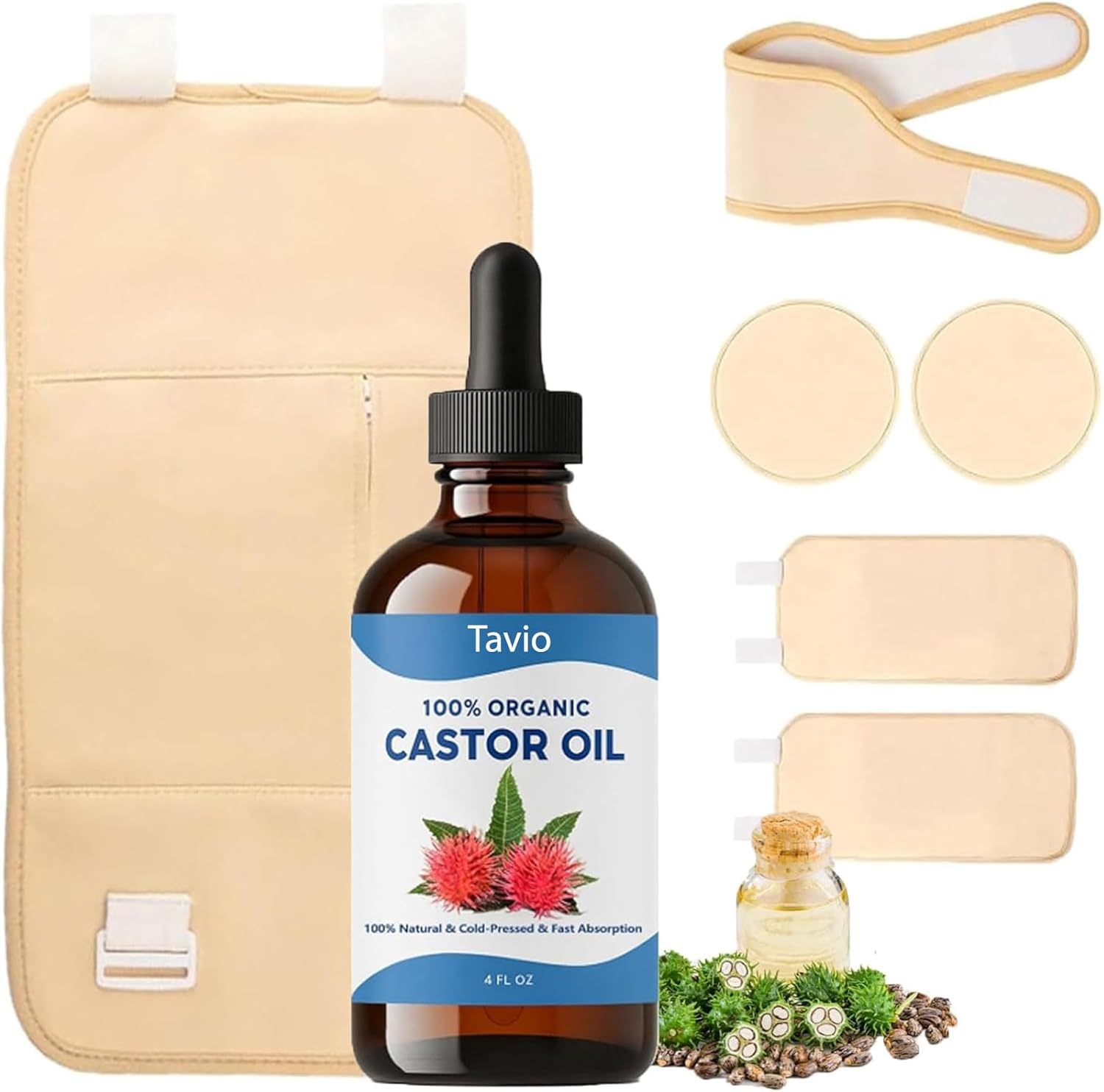 Tavio Castor Oil Pack, Castor Oil Liver Wellness Pack Wrap Kit, Organic Cotton Reusable Pads Kit for Hot/Cold Compress, Muscle Relaxation & Detox (1)