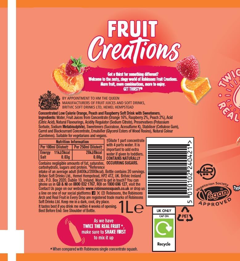 Robinsons Fruit Creations, Real Fruit Squash, Low Calorie, Delicious Peach and Raspberry, 1 Litre (Pack of 3)